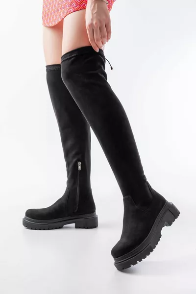  أسود من جلد الغزال سستة الركبة فوق الركبة الجوارب الدانتيل متابعة أحذية نسائية عارضة