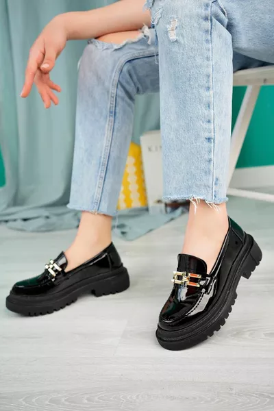 noir en cuir verni mocassin semelle épaisse ballerines femmes chaussures