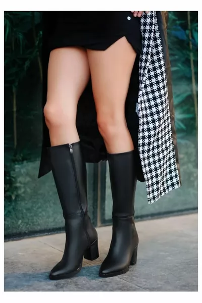 نسائي أسود الكعب العالي الجلد أحذية طويلة