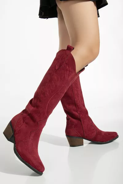 بورجوندي البرقوق ماتي من جلد الغزال مطرزة الغربية رعاة البقر أحذية رعاة البقر الأحذية