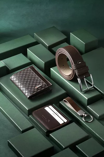 Checkers Motif Portefeuille Self Card Holder Ceinture Porte-clés Combinaison Marron Set