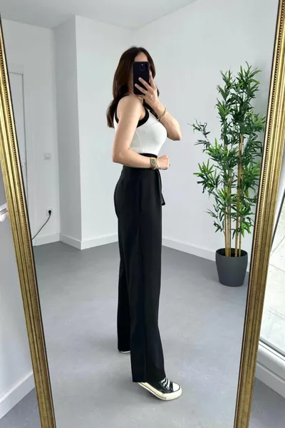 Pantaloni Palazzo con pieghe in velcro nero a vita alta da donna