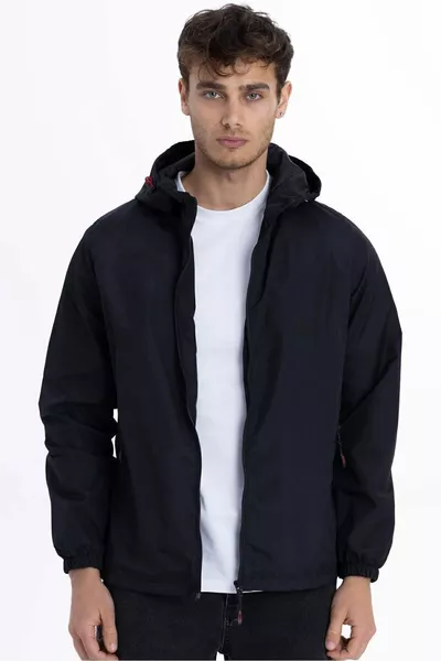 Herren Schwarz gefütterter winddichter Sportregenmantel mit Kapuzentasche