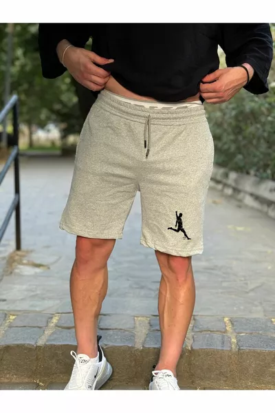 Herren Grau gekämmter Stoff Fußballspieler bedruckte Shorts Slimfit Muster