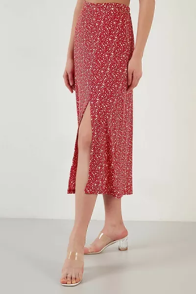Floral Patterned Midi Length Slit Skirt Women's Skirt 