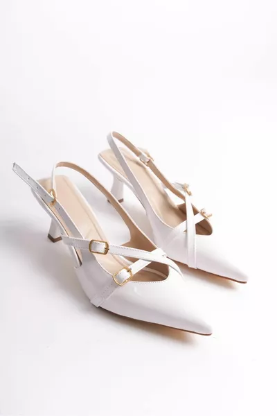 White Patent Leather 5cm Heels Stiletto Strap Buckle Detailed Pointed Toe Wedding Bridal Shoes