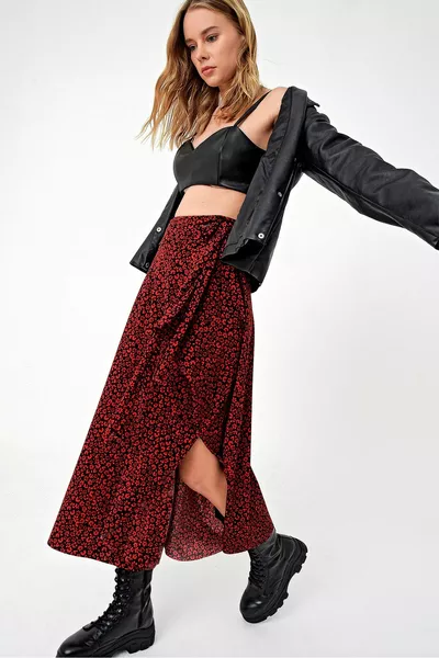 Women's Red Asymmetrical Cut Waist Tie Skirt 