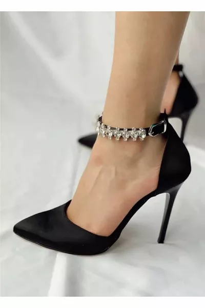 Black Satin Silver Stone Strap Heels