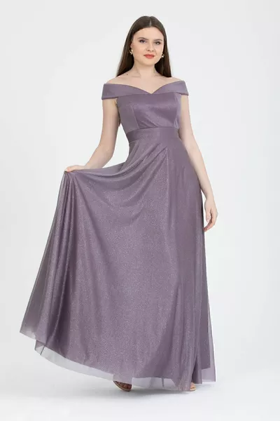 المرأة قارب طوق الأشرطة طويلة واسعة بريق مساء اللباس دعوة /  أرجواني