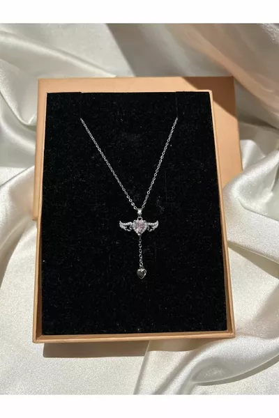 Donna Rosa Cristallo Angelo Alato Cuore l Acciaio cm Collana In Argento