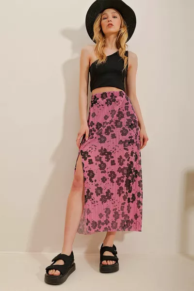 Women's Pink Slit Lined Patterned Tulle Chiffon Skirt 