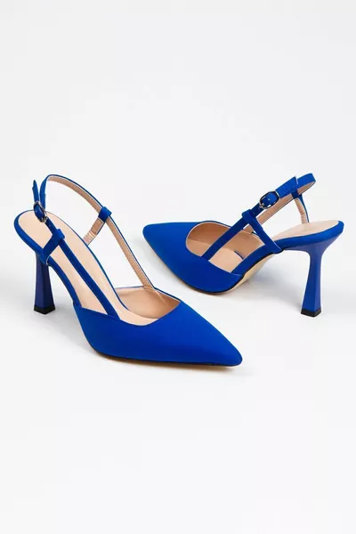 Women's Saks Blue Satin Open-Back Heels