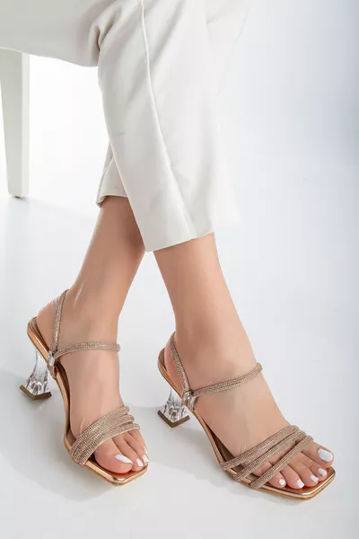 Women's Copper Stone Detailed Transparent Heeled Evening Shoes