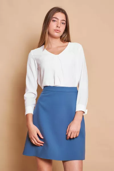 High Waist Lightweight Lycra Fabric Knee Length Bell Skirt-Dirty Blue