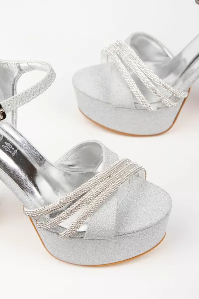 المرأة الفضة فضي منصة عالية الكعب السميك أنيقة 3 صف الحجر مفصلة فساتين السهرة مريحة