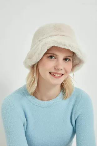 -1 бежевая плюшевая шляпа-ведро