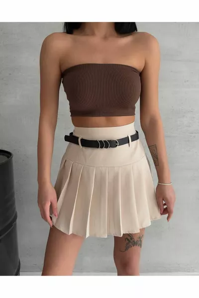 Women's Pleated Belt Detailed Shorts Skirt
