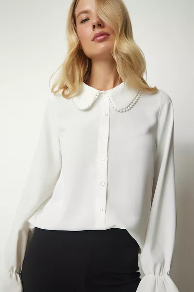 المرأة Ecru الرباط الأكمام مفصلة المنسوجة قميص 