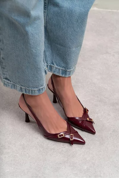 Platte Burgundy Лакиран колан Детайл Вратовръзка на глезена Дамски токчета