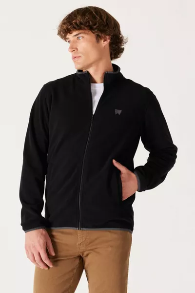 Regular Fit Normal Cut Men's Black Zipper Fleece Sweatshirt Jacket