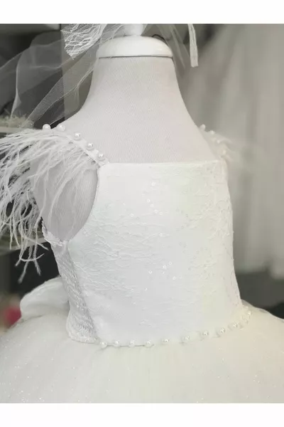Robe bouffante blanche filles, robe d’anniversaire, robe de mariée à plumes détaillée en dentelle, modèle Prince
