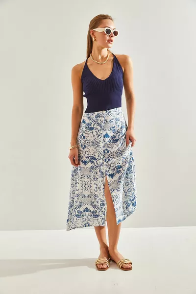 Women's Multi Patterned Buttoned Viscose Skirt 