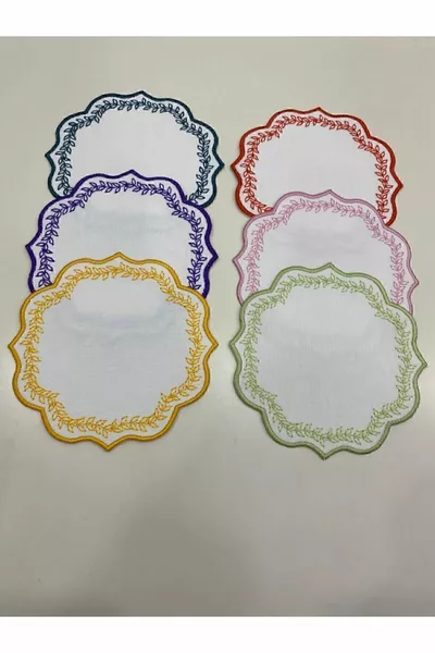 6 Different Color Linen Fabric Leaf Pattern Embroidered Coffee Side Cocktail Napkin & Coasters.