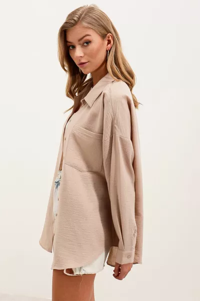  Single Pocket Oversize Linen Shirt - Beige