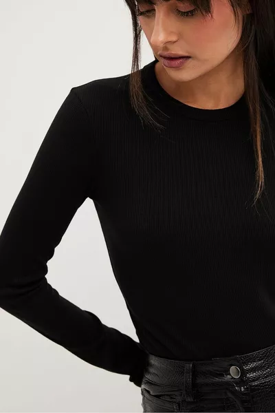 المرأة الأسود كم طويل طاقم الرقبة تي شيرت بلوزة تتالي مضلع