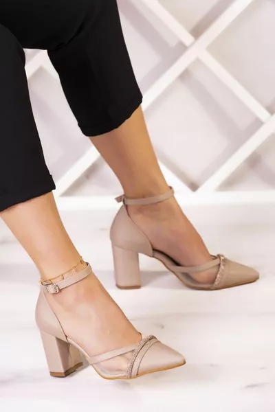 Molly Tan Satin Stone Mesh Thick Heels 7 cm.