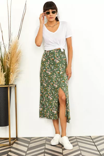 المرأة الأزهار الخضراء سستة الجانب شق تنورة فسكوزي 