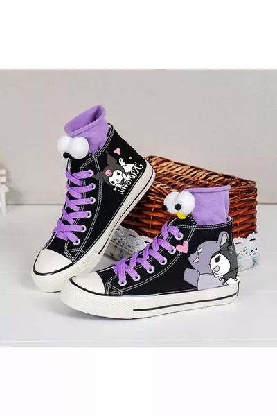 OnlyMoon Kuromi & Bear أحذية قماش سوداء مطبوعة Lilace للجنسين