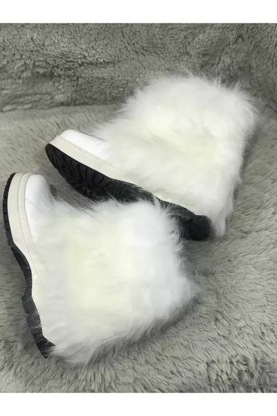 Kinderlaarzen met wit buitenmateriaal, leer, leer en bont, accessoires zonder veters en ritsen