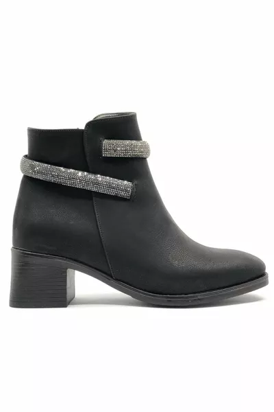 Asiatique Cheville Ruban Pierre Arqué Talon Court Bottes Femme NOIR