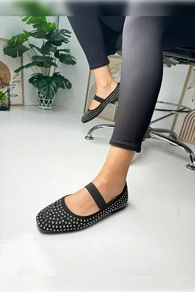 Повседневные женские балетки Черный камень Платина Эластичные Низкие каблуки Тупой носок Повседневная обувь 