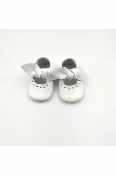 Baby Star Genuine Leather White -  Ribbon Baby Loafers