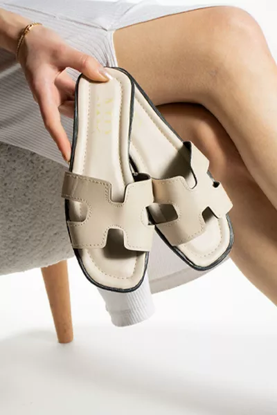 Дамски чехли с отворена предна част, за външна и домашна употреба, бежови