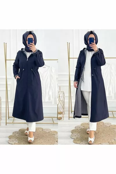 Navy Blue Striped Inside And Self-Lined Waterproof Women's Trench Coat