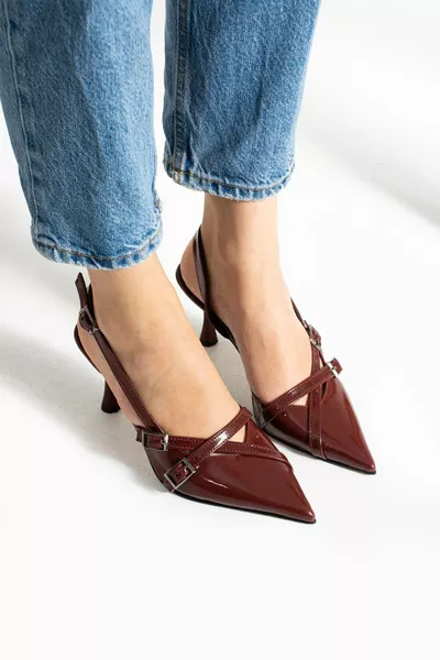 Sende Shoes Brand Double Strap Buckle Detail Burgundy Patent Leather Women's Heeled Shoes