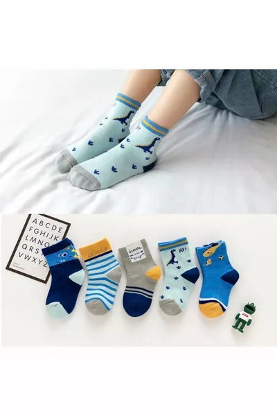 5 Pairs Dinosaur Patterned Indigo Baby Socks And Kids Socks Custom Dinosaur Series