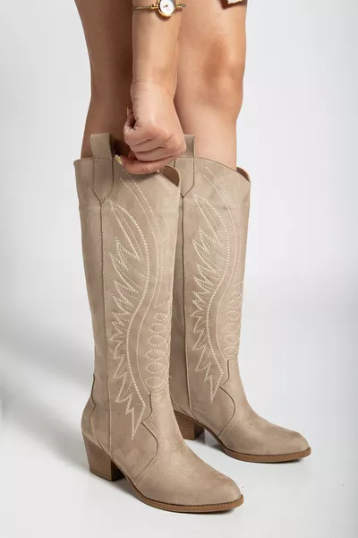 Westry Geborduurde Lange Dames Cowboy Beige Suède Laars
