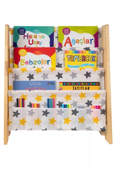 رف كتب مونتيسوري خشبي طبيعي قابل للتفكيك لغرف الأطفال والحضانات ورياض الأطفال مع رف تعليمي وقماش أصفر