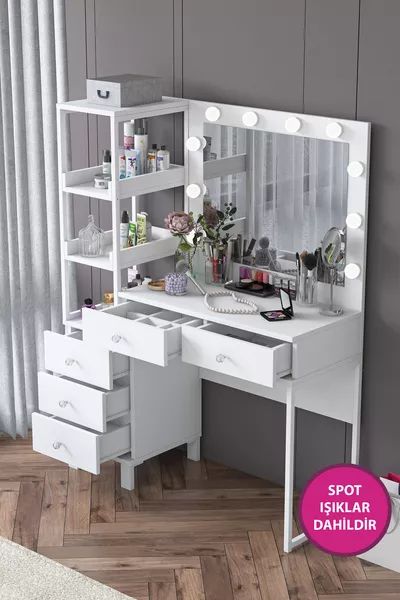 Rani Hollywood Lighted Mirror Backstage Makeup Table with 5 Drawers and Shelved Jewelry Organizer White
