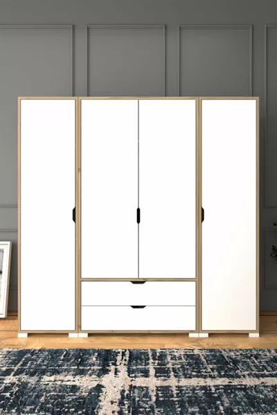 Armoire Nisan Beige clair et blanc à 4 portes et 2 tiroirs - Ensemble de garde-robe
