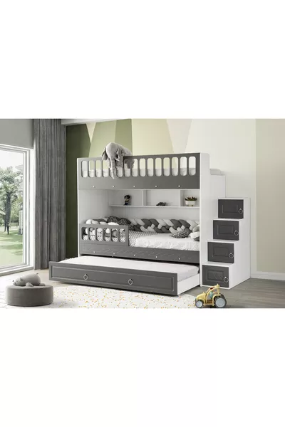 Zümrüt Ranza / Bianco-antracite / Installazione gratuita / 3 letti e scala con armadio / 100% MDF