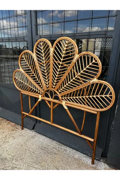 Bambu Rattan Hasır Yatak Başlık El Yapımı Çift Kişilik Ceviz Renk cm