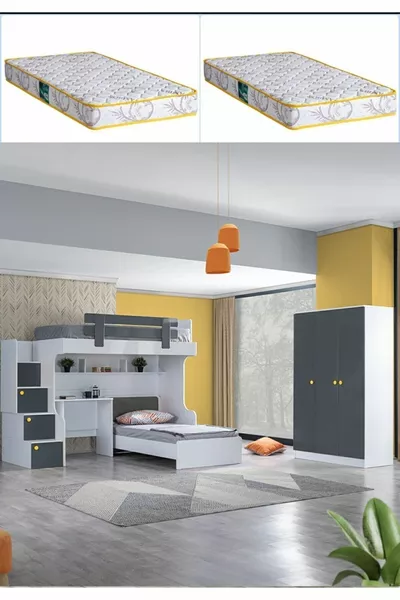 سرير بطابقين، سرير وطاولة وخزانة بثلاثة أبواب مع مرتبتين مريحتين