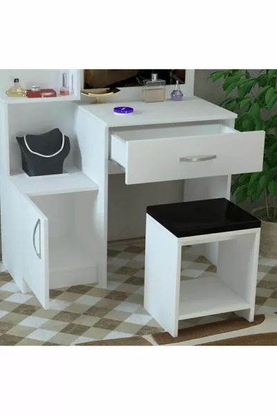 Coiffeuse Novella avec miroir en tissu, avec armoire, tiroirs, étagères, blanche, avec coussin