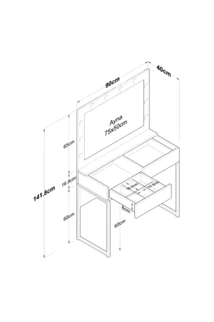 Rani  Hollywood Işıklı Aynalı Kulis Makyaj Masası 2 Çekmeceli Takı Düzenleyici Beyaz