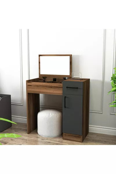 طاولة مكياج مع مرآة وخزانة بغطاء، لون جوز، أنثراسيت - إنجي، متوفرة بأربعة ألوان مختلفة